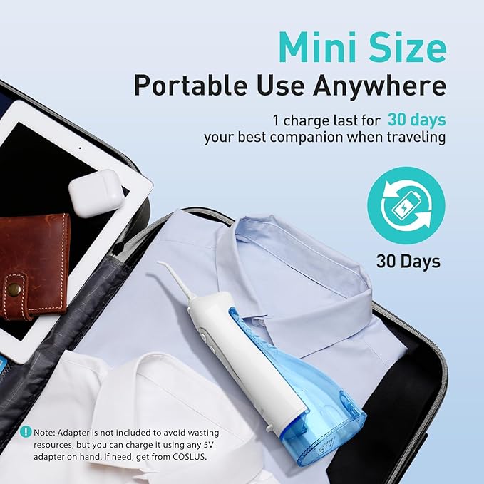 COSLUS Water Dental Flosser Teeth Pick C20: Portable Cordless Oral Irrigator 300ML Rechargeable Travel Irrigation Cleaner IPX7 Waterproof Electric Flossing Machine for Teeth Cleaning, White
