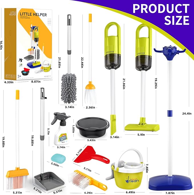 PUPU PIG Toddler Toys Cleaning Set, Kids Cleaning Toy Set, Pretend Play Home Cleaning Playset - Incl.Electric Toy Vacuum, Broom and Dustpan Set, Mop,Duster and More,Cleaning Tools Toys for Boys Girls