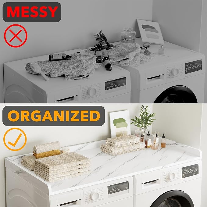 SpaceAid Washer Dryer Countertop, Laundry Wood Shelf Topper with Edge, 54" Width x 27.5" Depth Cover Guard Organizer for Washer and Dryer Laundry Hamper Counter Storage Organization (White Marble)