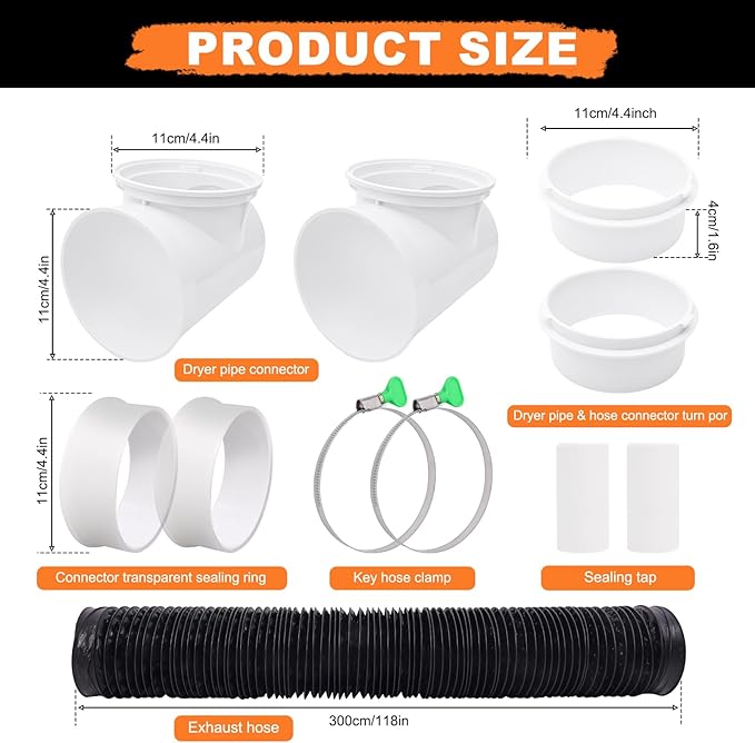 Dryer Vent Hose Connector Kit,90 Degree Dryer Vent Elbow+10ft 6-Layer Flexible Hose & Sealing Kit for 4 Inch Dryer Duct, Dryer Adapter,Space-Saving Design for Tight Space