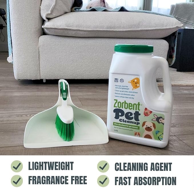 Zorbent Pet Accident Cleanup – Odor Remover for Dog & Cat Messes. Absorbs 1 Gallon. Pet-Safe Cleaner for Urine, Vomit, Poop & Accidents on Hardwood, Tile, Vinyl, Concrete, Short Carpet & Rugs, 5 qt