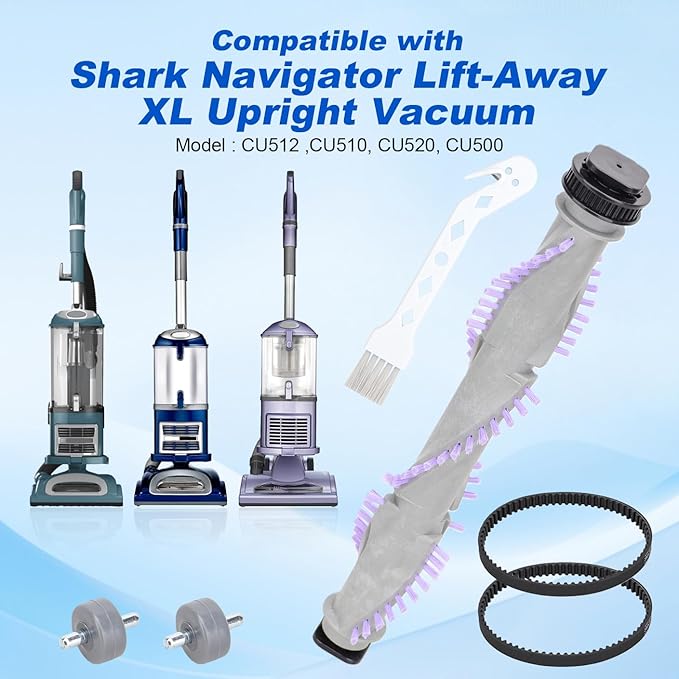 Roller Brush Belt Replacement Compatible with Shark Navigator Lift-Away Upright Vacuum CU512 CU510 CU520 CU500 Vacuum Brush Replacement Part, 1 Roller Brush + 2 Belts + 2 Wheels
