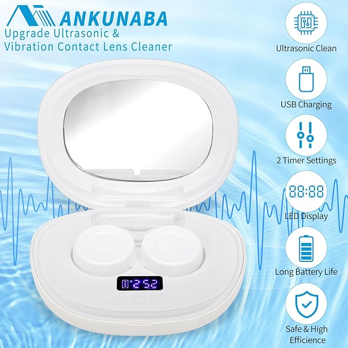 Contact Lens Cleaner, Portable Ultrasonic Contact Lens Cleaning Machine with USB Charger, LED Timer Display & 5 Contacts Solution Cases Kit for Soft Hard Colored RGP Lenses (White)