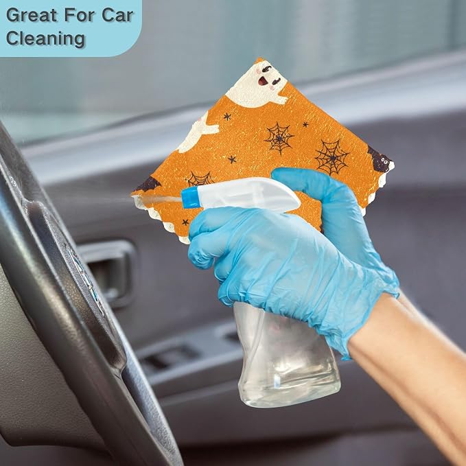 ALAZA Kitchen Towels Halloween Ghost Pumpkin Pattern Dish Towels Multipurpose Reusable Dish Cloths Soft Cleaning Cloth Kitchen Accessories Set of 6,11"x11"