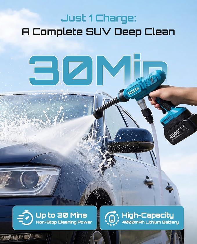 SEESII Cordless Pressure Washer, Portable Power Washer with 4000mAh Battery, Electric Washer Gun with 6-in-1 Nozzle & 27FT Hose, Handheld Power Cleaner for Car, Driveway, Garden, Patio and Fence