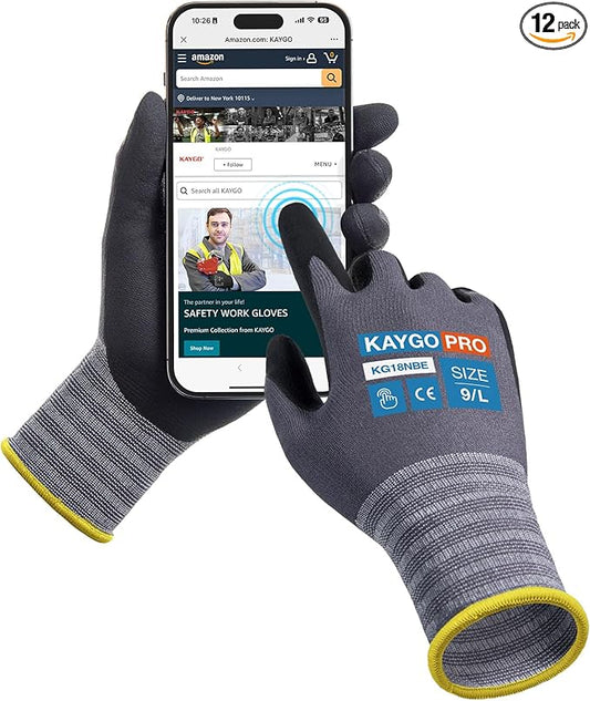 KAYGO Safety Work Gloves MicroFoam Nitrile Coated, 12 Pairs KG18NB,Seamless Knit Nylon Glove with full fingers Touchscreen, Ideal for General Purpose,Automotive,Black,L