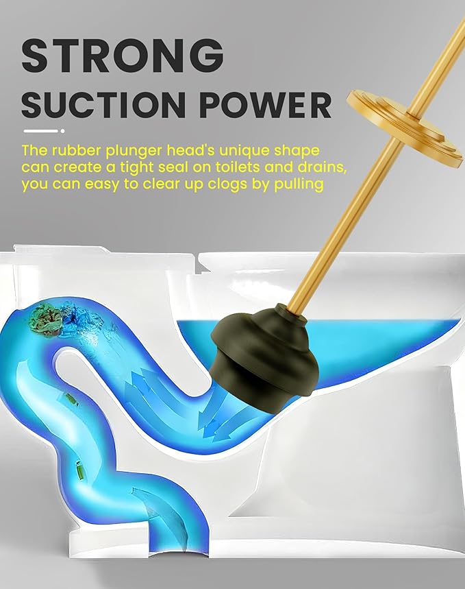 DOWRY Anti-Hand Off Toilet Plunger with Holder for Bathroom,Powerful Efficient Force Suction Cup,Heavy Duty, Deep Cleaning, Gold