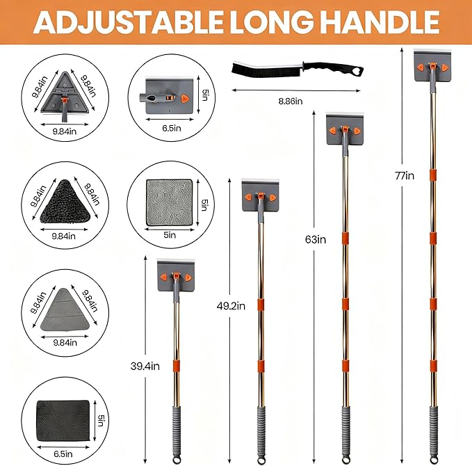 85'' Wall & Ceiling Mop with Long Handle, Wall and Baseboard Cleaner Tool, 2 Mop Heads (Triangle Corner + Square), 8 Reusable Washable Pads (Chenille/Microfiber/Scrub) for Shower Walls, Tile, Floors