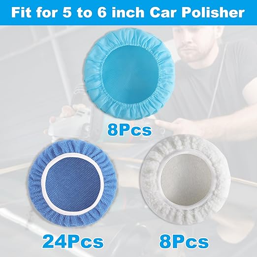 40 PCS Polishing Bonnet Pads,5 to 6 Inches Buffer Bonnets,Car Polisher Pad Bonnet,Buffing Pad Cover Waxers Bonnet,Mix Pack 24 Microfiber, 8 Non-Woven, 8 Woolen for Car Polisher