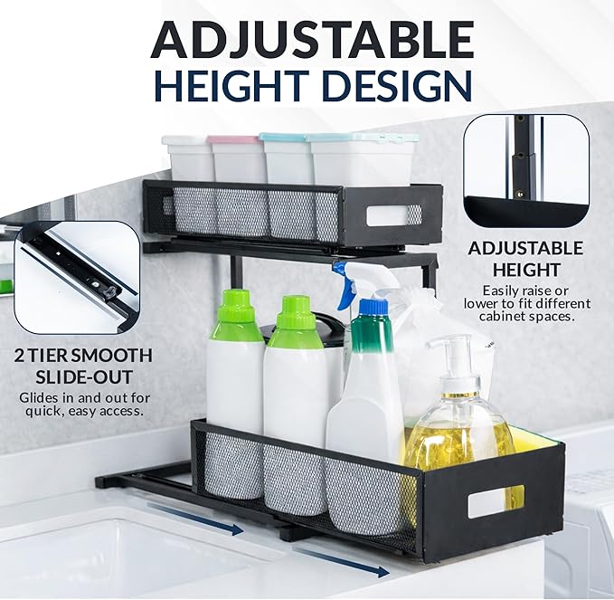 Under Sink Organizer Set of 2, Heavy Duty Matte Black Metal Cabinet Organizer with Retractable Shelves, Adjustable Height, Expandable Storage for Kitchen Bathroom and Laundry Room