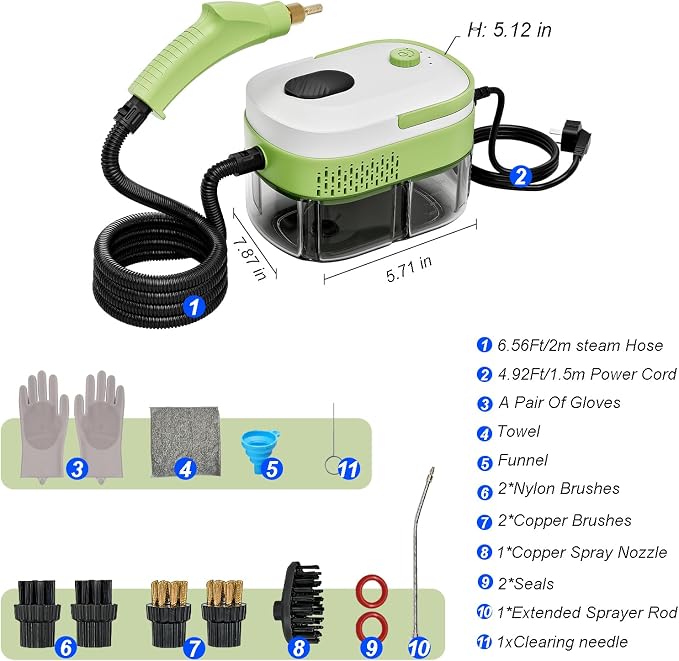 Steam Cleaner, 15s Heat-Up,1.4L Tank,Steamer for Cleaning with 14-Piece Accessories, 3 Steam Levels, chemical-free Cleaning Tile, Grout, Dirt, Grease & Car (white＆green)