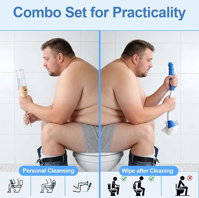 Electric Portable Bidet Toilet Aids Wiper Tool Set, Orange | 2-in-1 travel hygiene kit 15.7" extended length wiping tools 1600mAh Long-lasting Battery USB-C Rechargable IPX7 Waterproof