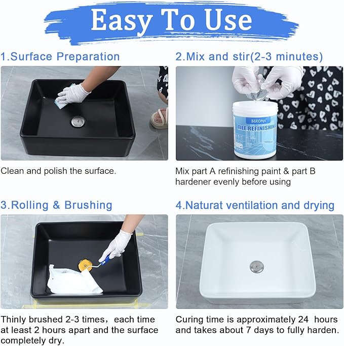 BEKOMN Tub Paint,Tub and Tile Refinishing Kit 33oz with Tools,Bathtub Paint White Water-based Low Odor,Easy to Use for Sink Kitchen Bathroom,Semi-Gloss,50-55sq.ft
