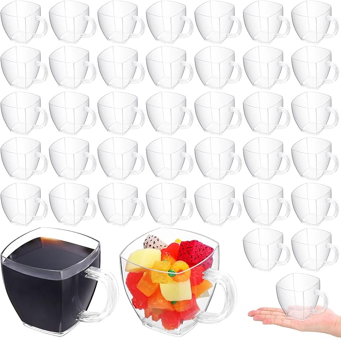 Amyhill 100 Pcs 5 oz Disposable Tea Cups Bulk with Handle Mini Hard Plastic Coffee Mug Square Disposable Espresso Cups for Tea Party Wedding Catering Dessert Sampling (Clear)