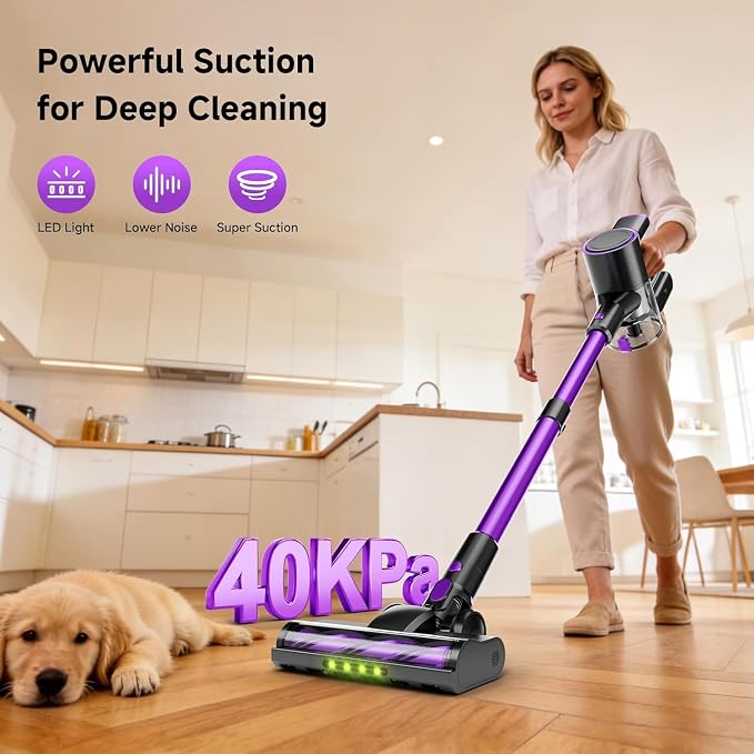 Cordless Vacuum Cleaner, 500W/40Kpa Vacuum Cleaners for Home, Stick Vacuum Cordless with LED Display, Anti-Tangle & Wall Mount, 8 in 1 Lightweight Vacuum for Hard Floors Pet Hair(Purple)