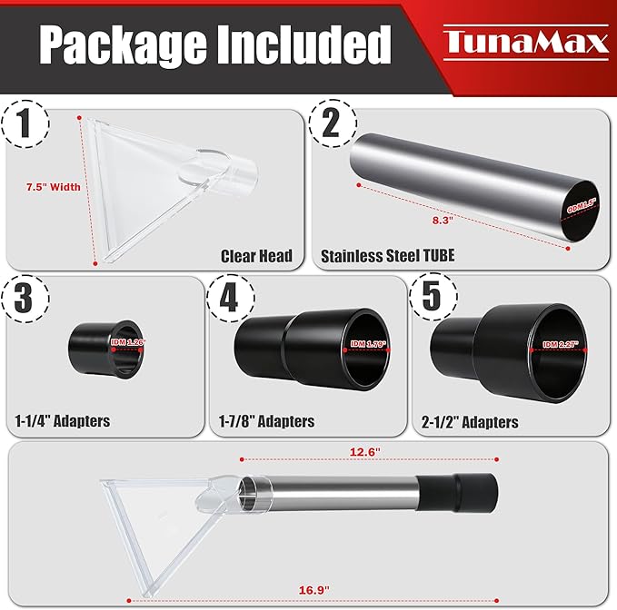 TunaMax Universal Work with All Shop Vacs Clear Extractor Attachment with 1-1/4" & 1-7/8" & 2-1/2" Adapters for Upholstery & Carpet Cleaning & Auto Detailing, Wet/dry Vacuum Extraction Accessory