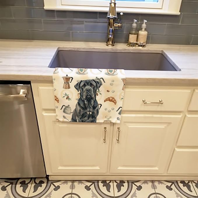 Caroline's Treasures Black Neapolitan Mastiff Coffee Bar Kitchen Towel Velour Plush Front and Cotton Loop Back Machine Washable