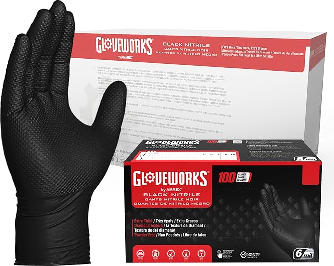 GLOVEWORKS Black Nitrile Gloves 6 Mil, Disposable, Raised Diamond Texture, Latex Free, Food Safe, Industrial Mechanic Glove