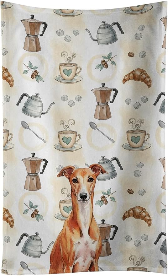 Caroline's Treasures Red Whippet Coffee Bar Kitchen Towel Velour Plush Front and Cotton Loop Back Machine Washable