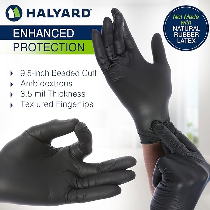 HALYARD Black Disposable Nitrile Exam Gloves Powder Free Medical, Dental, Cleaning, Tattoo