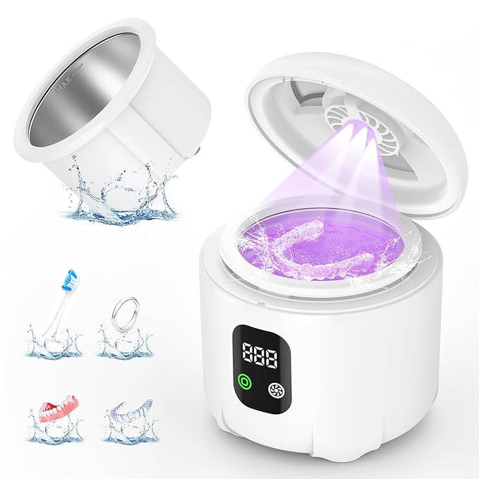Ultrasonic Retainer Cleaner 25W Portable Ultrasonic Denture Cleaner Multi-Mode 45KHz with Drying and Removable Inner for Dental Trays, Braces, Jewelry, Toothbrushes, Mouth Guards, Aligners,Ring White