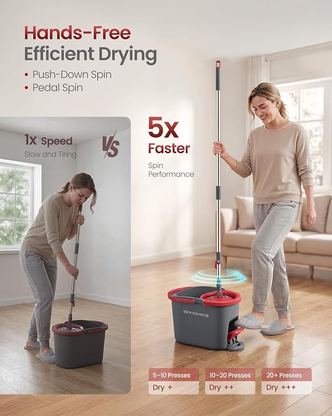 SONGMICS Spin Mop and Bucket Set with Pedal Wringer, Floor Cleaning Mop, Adjustable Telescopic Handle, Max. 59.1-Inch Length, 360° Rotating Head, 2 Microfiber Pads, Gray and Red ULMB002GT02
