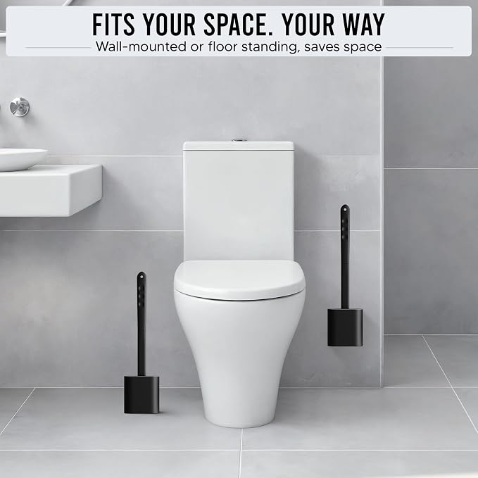 Modern Minimalist Silicone Black Toilet Brush with Holder - Pack of 2 Toilet Bowl Brush Set - Self-Cleaning & Splash-Free, Easy-Rinse Design with Wall Mounted Holder Bathroom Accessory.