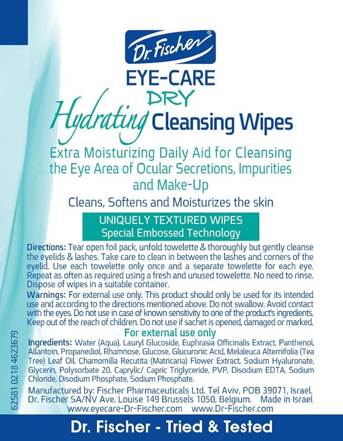 Dr. Fischer Tea Tree Eyelid Wipes for Dry Eyes - Gentle Eye Wipes for Everyday Eye Conditions and Hypoallergenic Makeup Remover (60 Wipes)