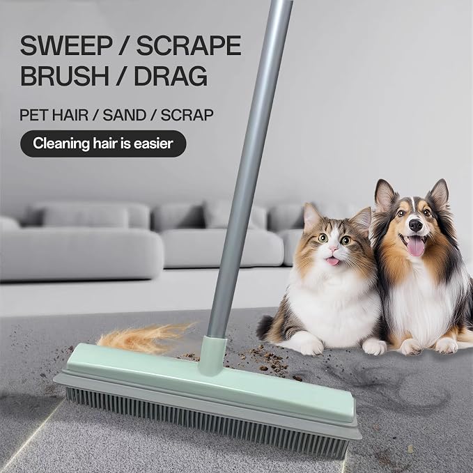 Pet Hair Rubber Broom with Squeegee for Carpet,Fur Remover Broom Carpet Rake for Pet Hair Removal, with 50" Long Handle, Dual-Sided for Hardwood Floor, Tile,Portable Detailing Lint Brush