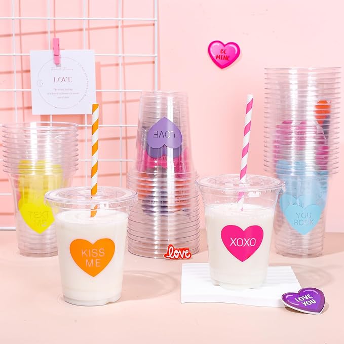 Whaline 60 Sets Valentine's Day Disposable Plastic Cups with Lids and Straws 12oz Conversation Heart Theme Party Cups Candy Heart Beverage Drinking Cup for Anniversary Wedding Birthday Dinner