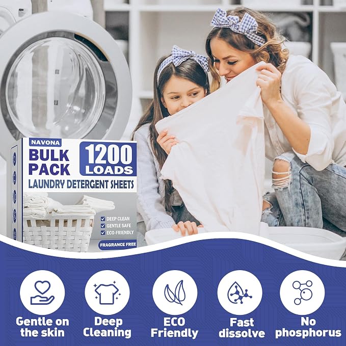 1200 Loads Laundry Detergent Sheets, Eco-friendly Laundry Sheets, Powerful Cleaning, Suitable for Homes, Dorms, and Apartments - [Fragrance-Free]