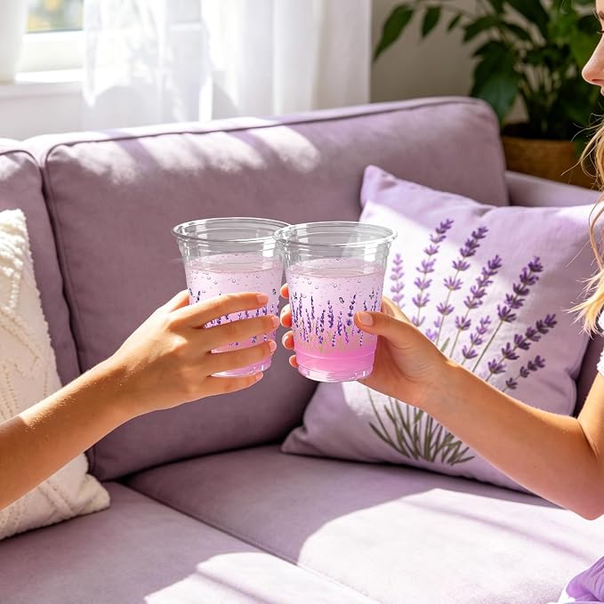 100 Pack Lavender Plastic Cups 12 oz Purple Floral Spring Summer Flower Disposable Cup Wildflowers Drinking Cold Beverage Cup for Summer Party Supplies