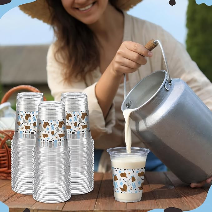 Jingmore 100 Pcs Western Plastic Cups 12 oz Clear Disposable Plastic Cowboy Cowgirl Drinking Cups Bulk for Boho Preppy Baby Shower Birthday Wild West Party Decoration Supplies(Cowboy,Brown and Blue)