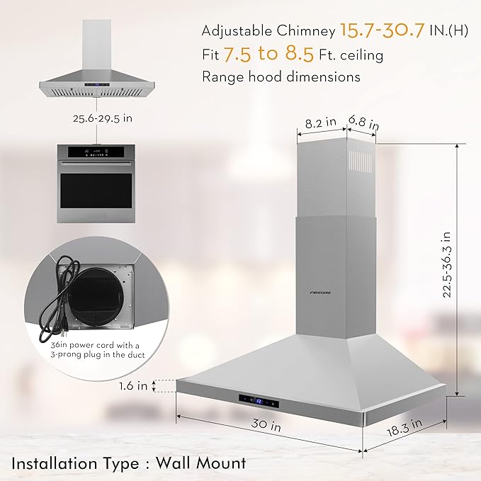FIREGAS Range Hood 30 inch Wall Mount,450 CFM Ducted/Ductless Range Hood with Stainless Steel,Stove Hood Vent for Kitchen with 3 Speed Fan,Permanent Filters,Led Lights,Digital Touch,Charcoal Filter