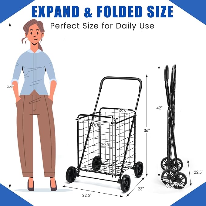 IRONMAX Grocery Shopping Cart, Foldable Heavy Duty Utility Cart w/Large Wheels for Easy Installation and Removal, Lightweight Trolley Cart for Grocery Laundry Luggage (Black)