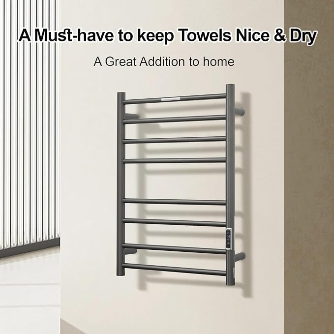 Electric Heated Towel Warmer - Wall Mounted Bathroom Towel Rack, Plug-in Design & Brushed Stainless Steel Finish 8 Bar Gunmetal with Timer & Temperature Control
