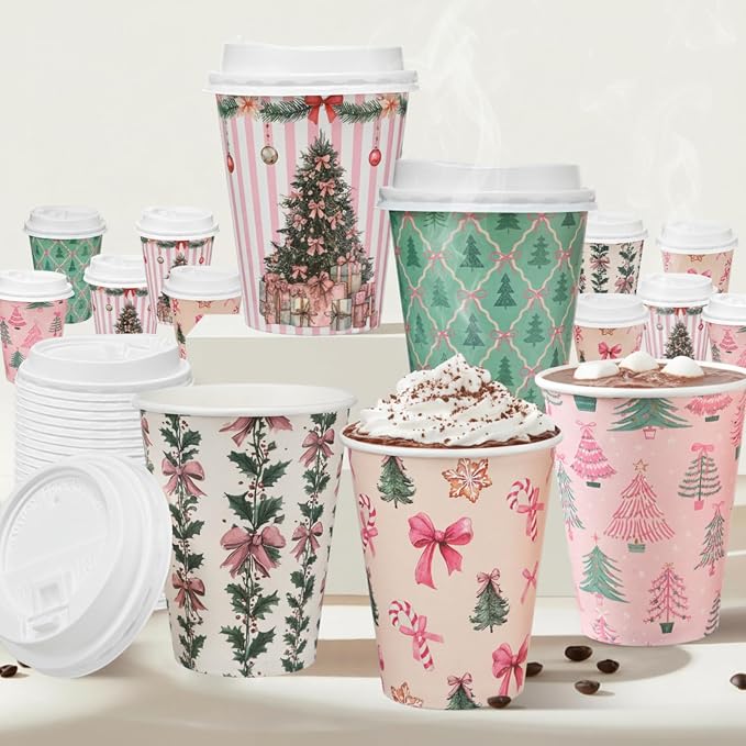 Gerrii 100 Set Christmas Paper Cups Disposable 12 oz with Lids Hot Chocolate Coffee Cups for Hot and Cold Drinks Tea Water Bar Supplies Holiday Winter Season (Pink Bow)