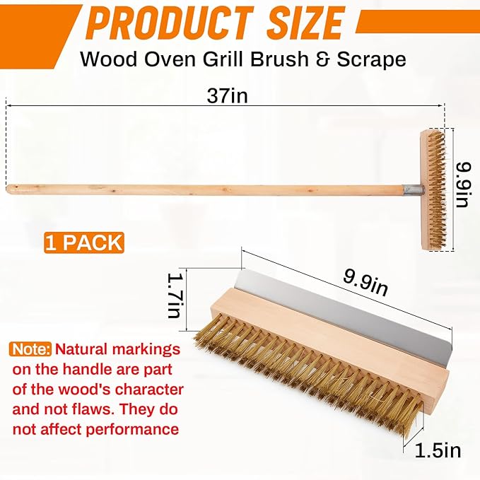 Reallnaive 1 Pack 37 Inch Wood Handle Pizza Oven Brush with Scraper Outdoor Pizza Oven Cleaning Brush Tool, Aluminum Threaded Tip, Brass Bristles with Steel Scraper