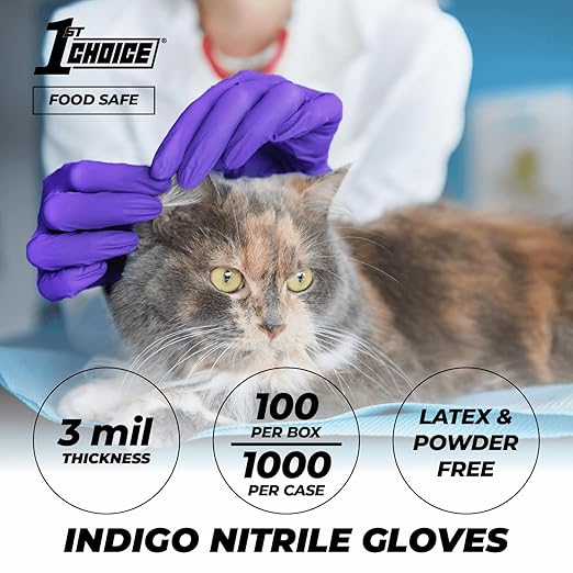 1st Choice Indigo Nitrile Disposable Exam Gloves, 3 Mil, Latex/Powder-Free, Food-Safe, Lightly Textured, Small, Box of 100