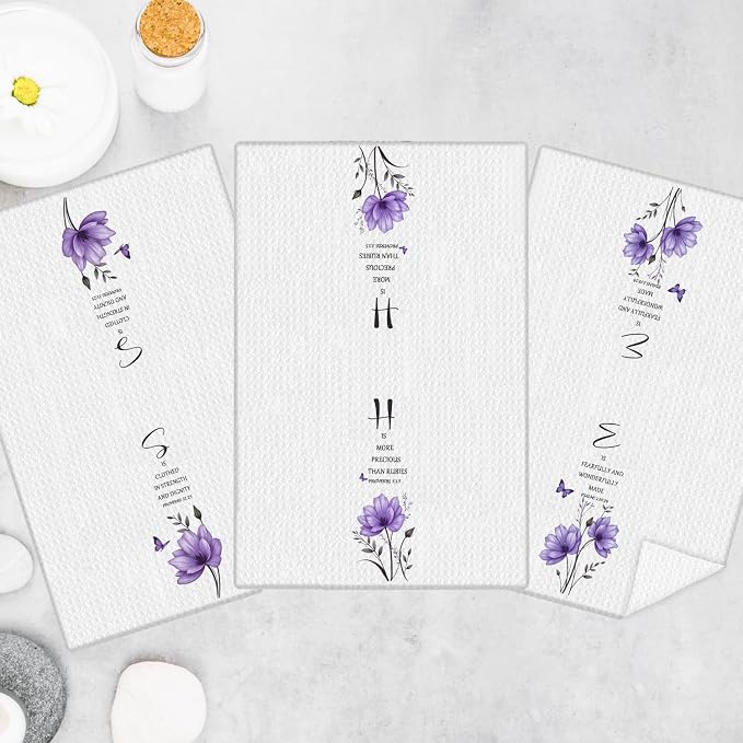 Purple Floral Christian Kitchen Towels, Inspirational Bible Verses Hand Towels for Bathroom Decor, Christian Gifts for Women, Religious Decor Dish Tea Towels for Kitchen, 16x24 Inch Set of 3
