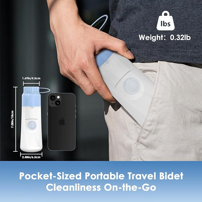 Portable Bidet for Travel – 350ml High Pressure Handheld Electric Portable Bidet - IPX7 Waterproof, Pocket-Sized Rechargeable Travel Budet Bottle for Women, Men & Baby - Personal Hygiene Cleaning