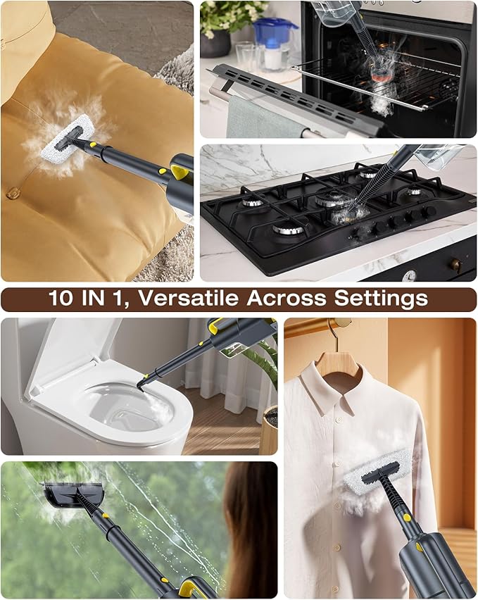 10-in-1 Steam Mop with Detachable Handheld Steamer, 350ml Tank, 10s Heat-Up, 248°F Steam Cleaner, 2-Level Control and Swivel Head for Floors, Carpets, Tiles, BBQ grill Multi-Surface Dark Grey