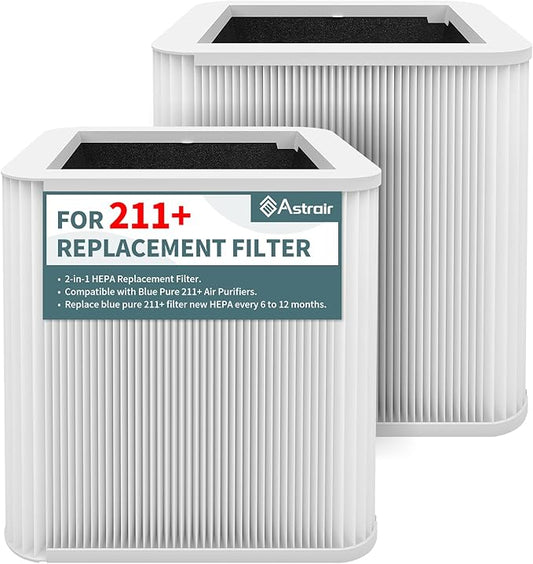 2 Pack 211+ Replacement Filter Compatible with Blue Pure 211+ Air Cleaner Purifier, 2 Stage Filtration System of Activated Carbon Filter and H13 True HEPA Filter