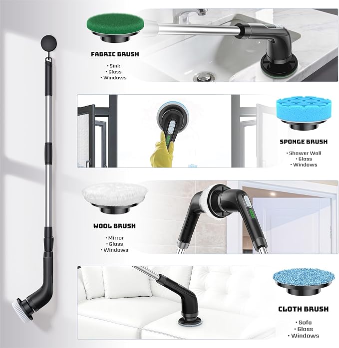 Highyes Electric Spin Scrubber, Powerful 2-Speed Cleaning Brush, | IPX7 Waterproof with 7 Reusable Brush Heads & Extendable Handle, for Bathroom Toilet Shower Kitchen Wall Tile Floor Grout