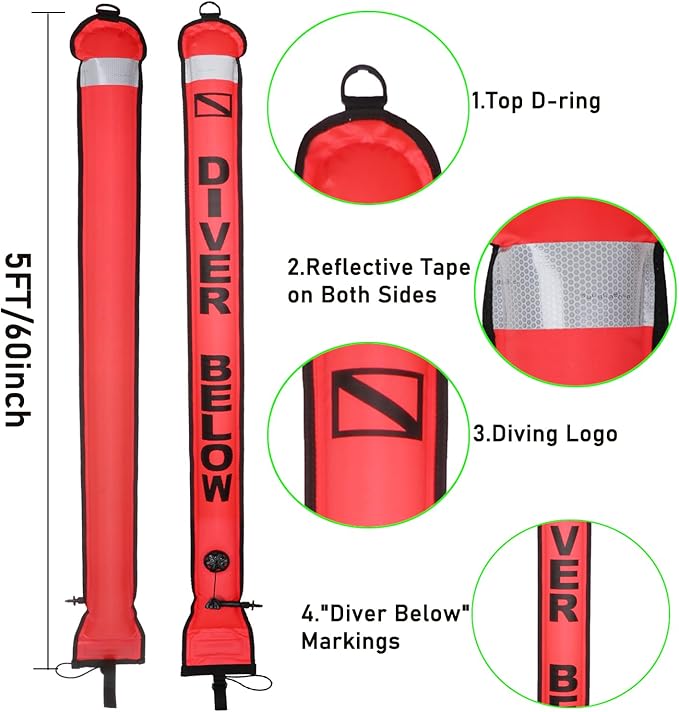 5FT SMB Surface Marker Buoy Scuba Diving Open Bottom High Visibility Inflatable Scuba Signal Tube with Reflective Strip for Underwater Diving Snorkeling