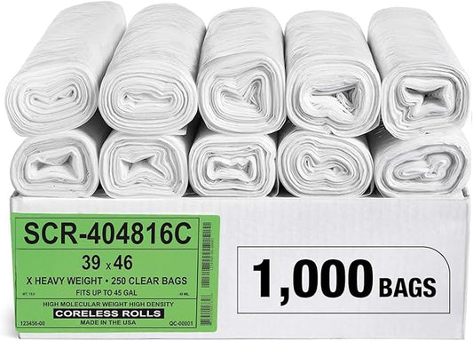 Aluf Plastics 45 Gallon Clear Trash Bags - 39" x 46" - 16 Micron Equivalent High Density Value Garbage Bags Can Liners for Bathroom, Office, Industrial, Commercial, Recycling (Pack of 1000)