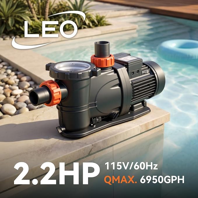 LEO 2HP In/Above Ground Pool Pump High Flow Powerful Self Priming Pool Pump, Single Speed 115V 6950GPH, Deep Black