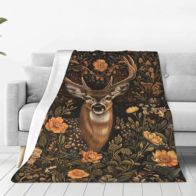 Deer Print Blanket Vintage Forest Sika Deer Decor Throw Blanket Comfy Plush Flannel Fleece Warm Soft Fluffy Fuzzy Winter Blanket Reindeer Gifts for Girls Boys Women Teens for Bed Sofa Couch 40"X50"