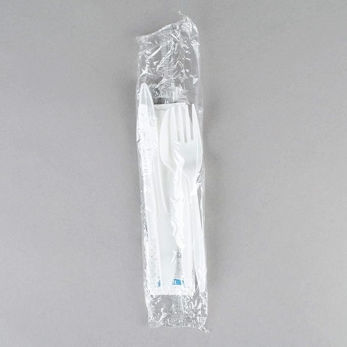 250 White Plastic Cutlery Packets - Knife Fork Spoon Napkin Salt Pepper Sets, Individually Wrapped Disposable Silverware