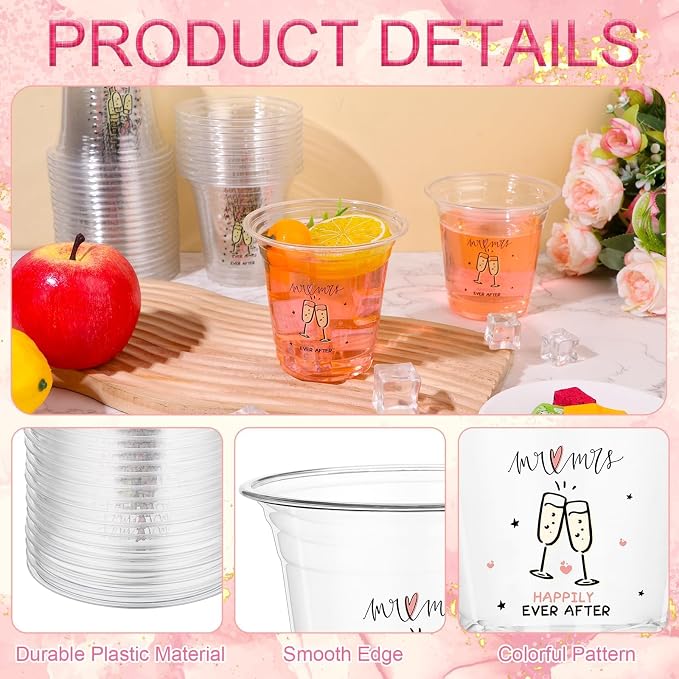 200 Pack Plastic Wedding Cups Bulk 12oz Disposable Clear Party Mr and Mrs Cup for Bridal Shower Anniversary Reception Birthday Parties Supplies